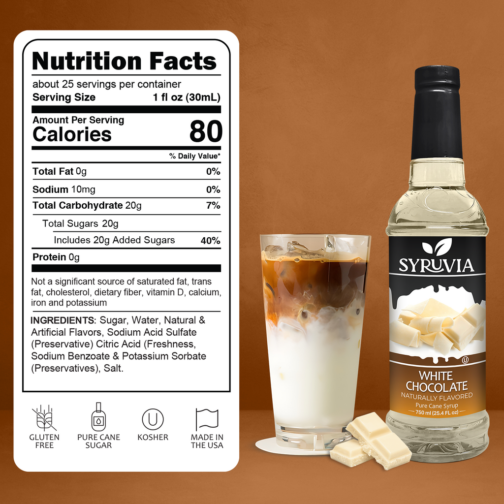 White chocolate coffee syrup bottle, made with pure cane sugar for lattes and shakes — view 3