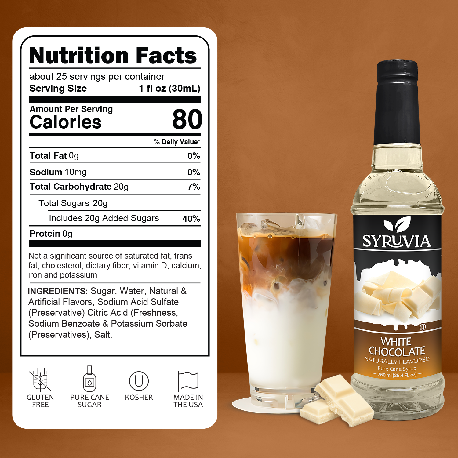 White chocolate coffee syrup bottle, made with pure cane sugar for lattes and shakes — view 3