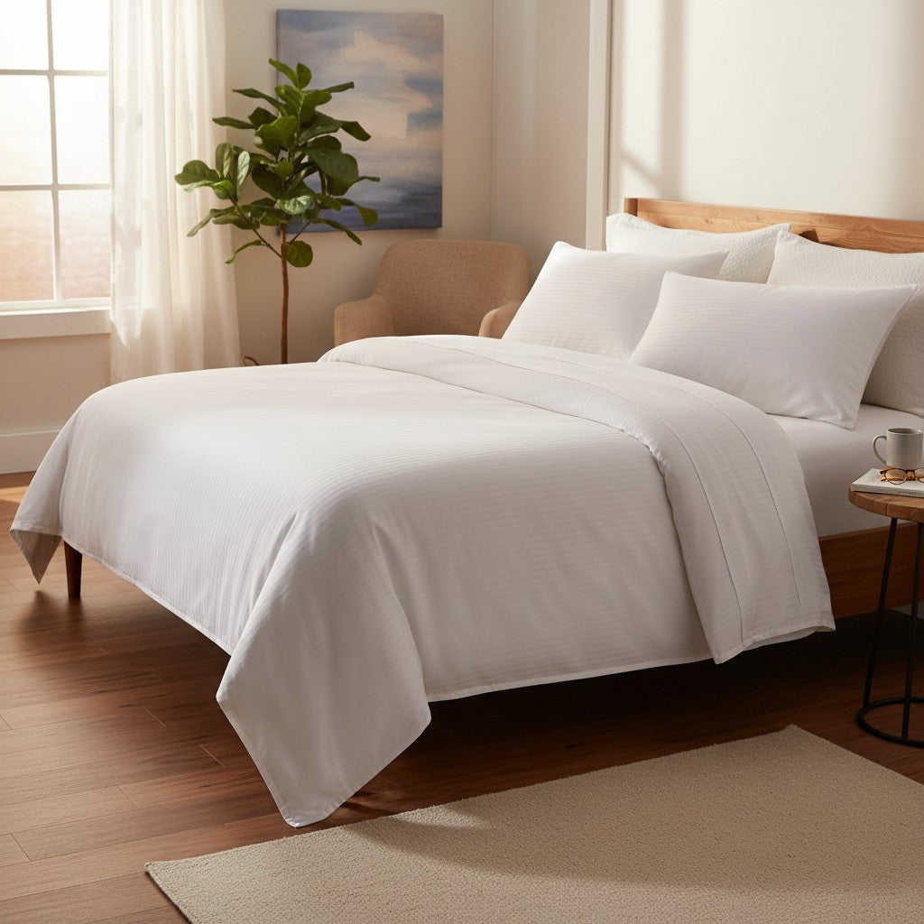 White T-250 cotton blend bed sheets featuring an elegant 5 MM satin stripe weave design — view 2