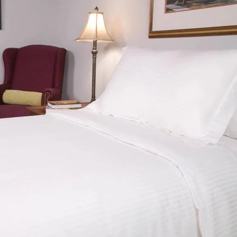 White T-250 cotton blend bed sheets featuring an elegant 5 MM satin stripe weave design — view 3