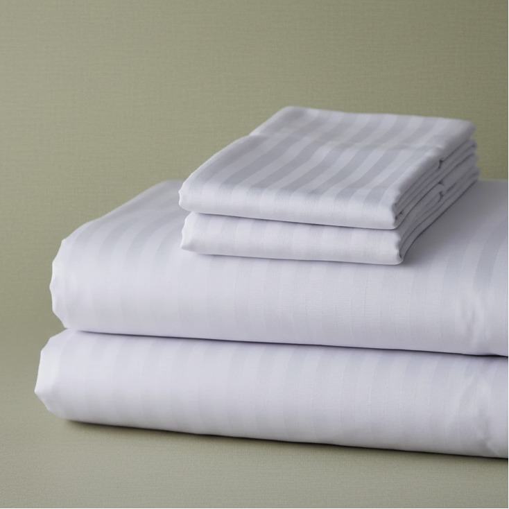 Crisp white satin stripe bed sheets elegantly draped over a modern luxury hotel bedroom mattress — view 4