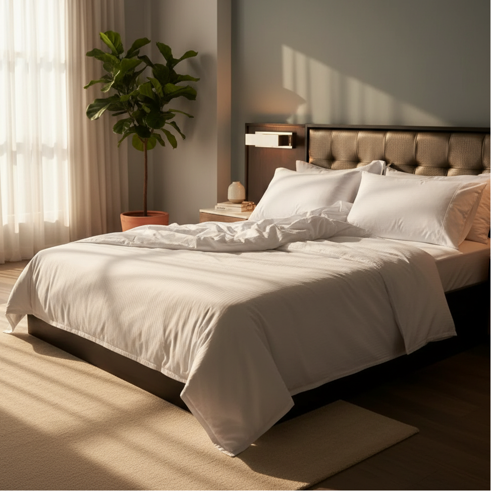 Crisp white satin stripe bed sheets elegantly draped over a modern luxury hotel bedroom mattress — view 5