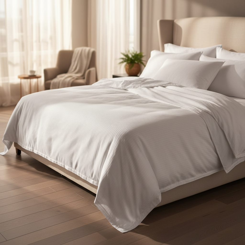 Crisp white satin stripe bed sheets elegantly draped over a modern luxury hotel bedroom mattress — view 2