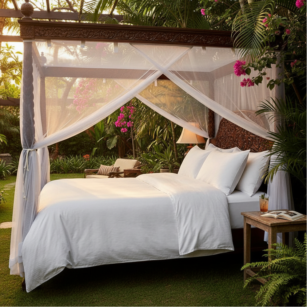 Crisp white satin stripe bed sheets elegantly draped over a modern luxury hotel bedroom mattress