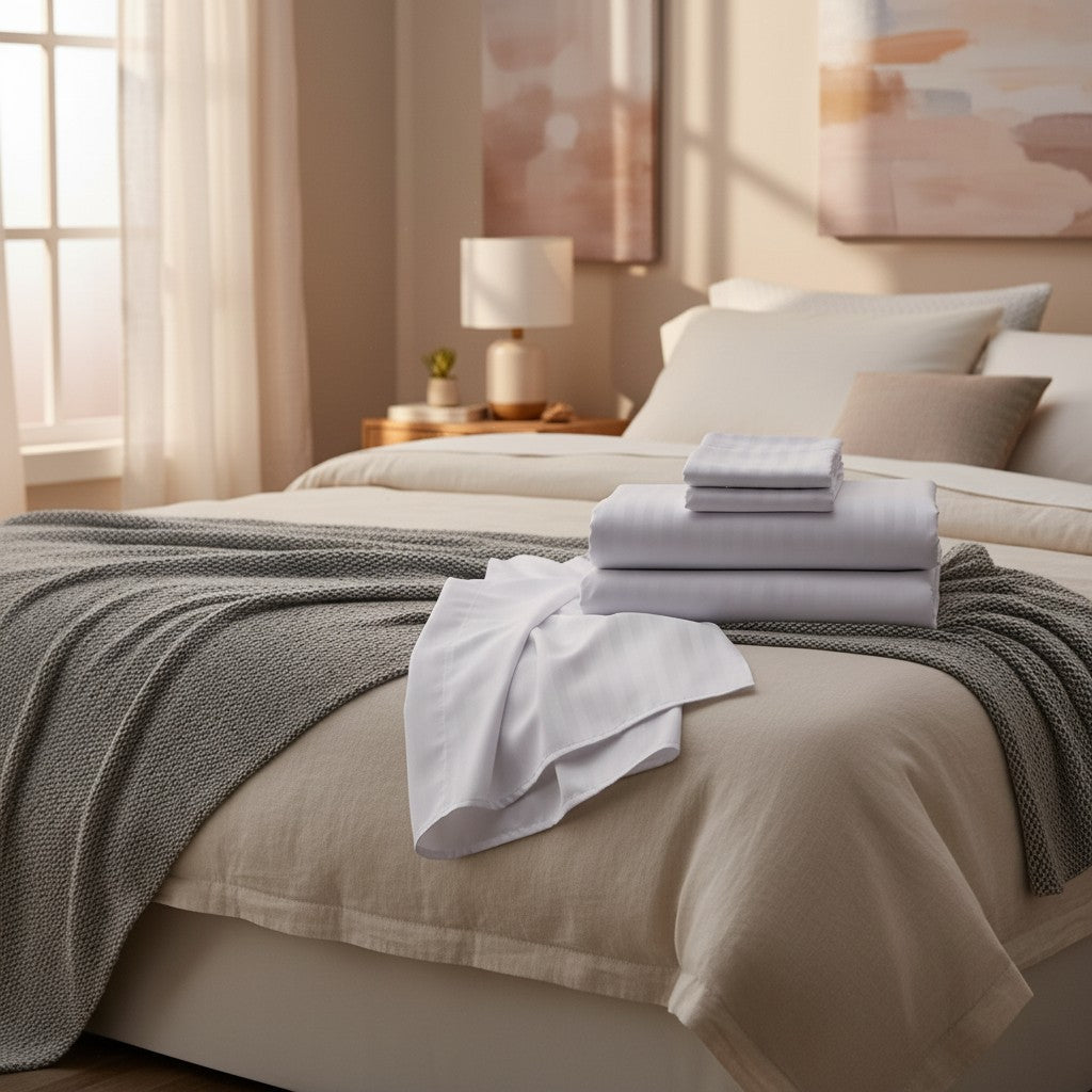 Crisp white satin stripe bed sheets elegantly draped over a modern luxury hotel bedroom mattress — view 3