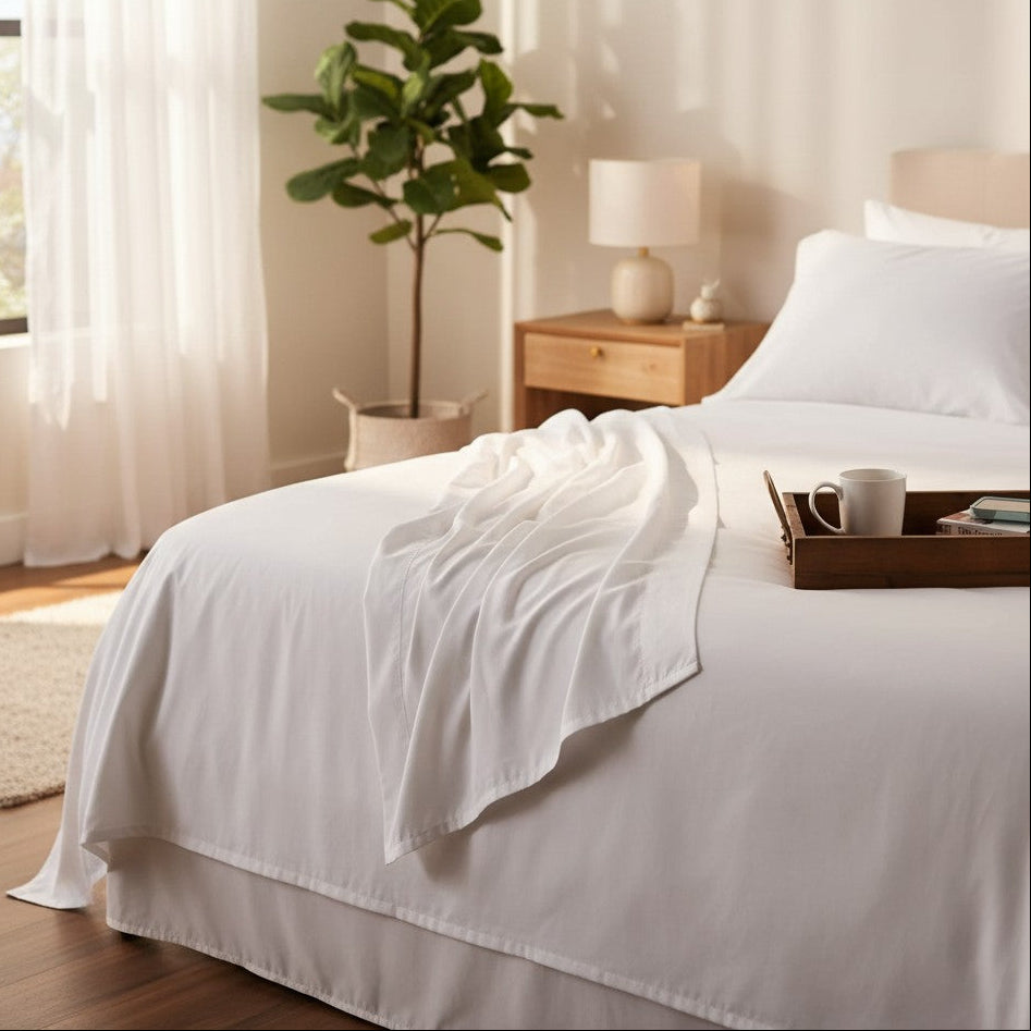 Folded stack of crisp T-300 white combed cotton bed sheets with matching pillowcases