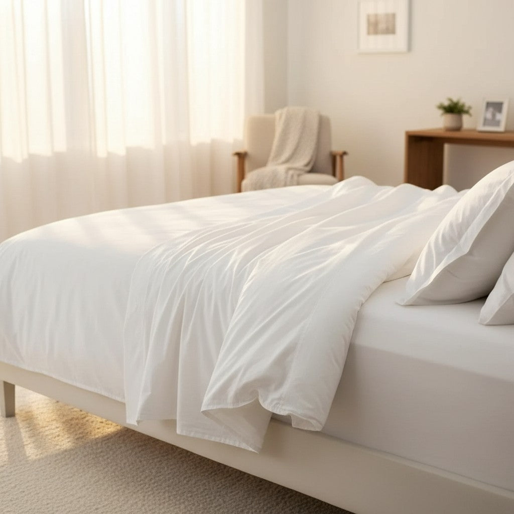 Folded stack of crisp T-300 white combed cotton bed sheets with matching pillowcases — view 2