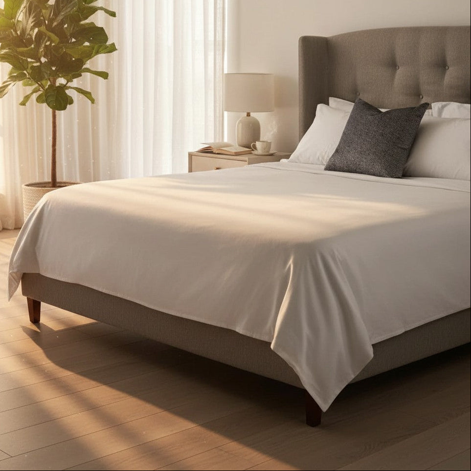 Folded stack of crisp T-300 white combed cotton bed sheets with matching pillowcases — view 3