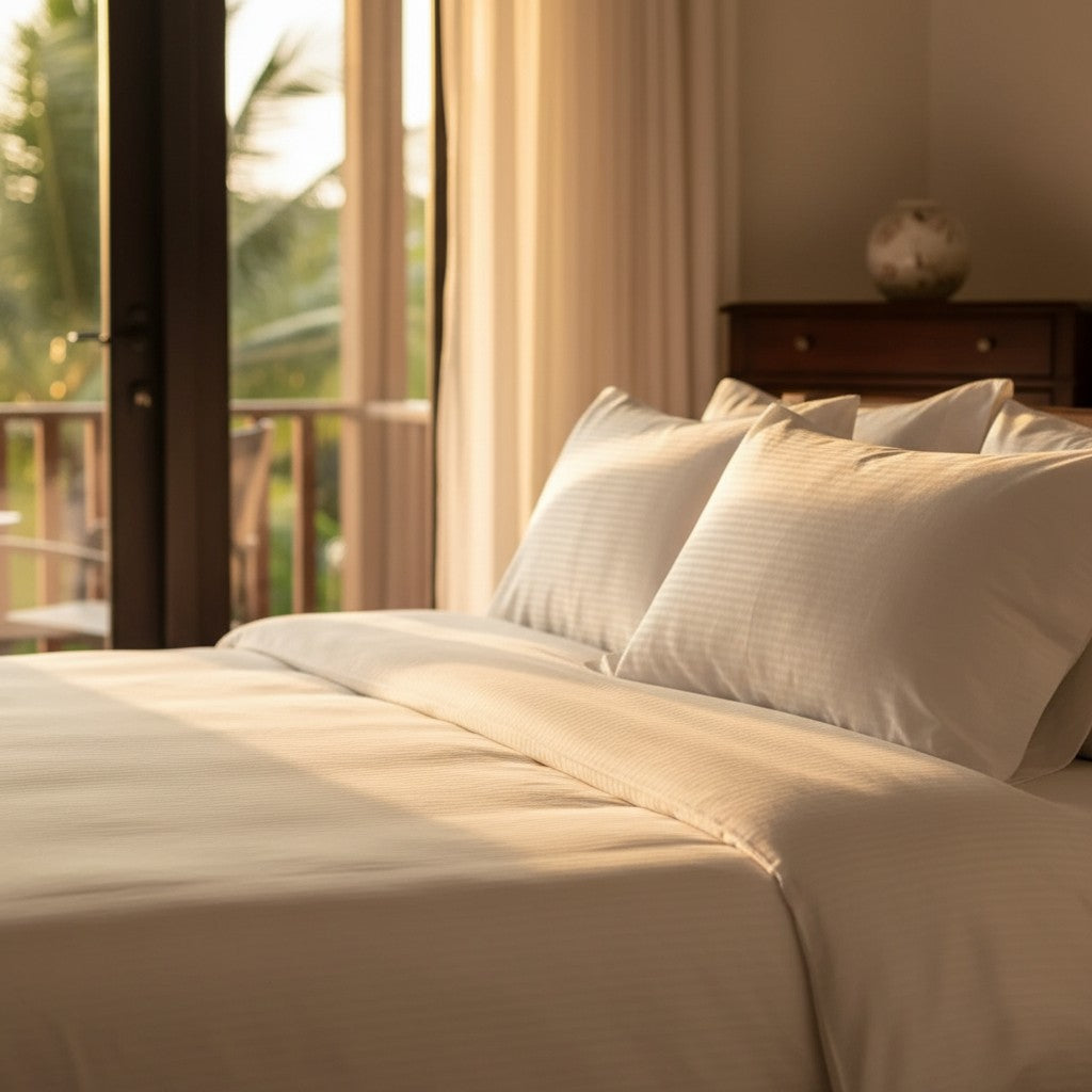 White 310-thread count bed sheets with a 6mm woven satin stripe and matching pillow covers