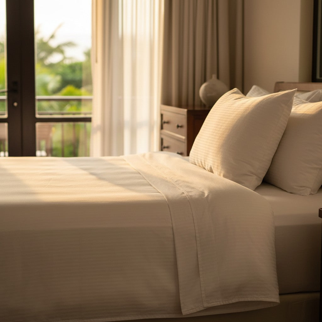 White 310-thread count bed sheets with a 6mm woven satin stripe and matching pillow covers — view 4