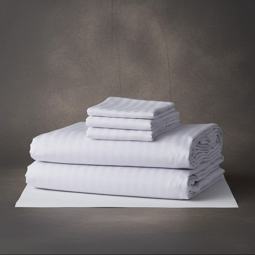 White 310-thread count bed sheets with a 6mm woven satin stripe and matching pillow covers — view 5