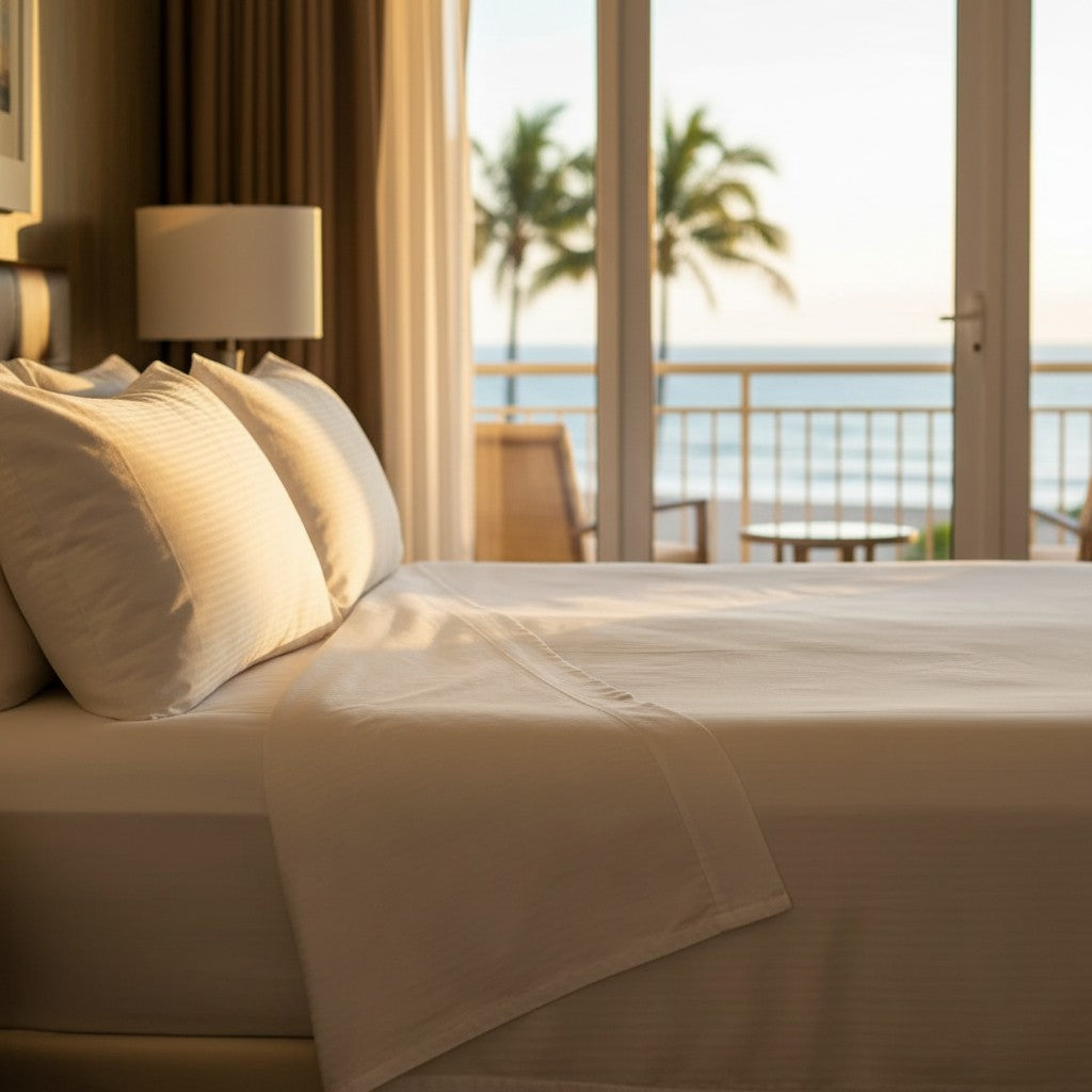 White 310-thread count bed sheets with a 6mm woven satin stripe and matching pillow covers — view 2