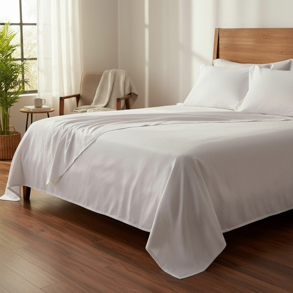 White 310-thread count bed sheets with a 6mm woven satin stripe and matching pillow covers — view 3