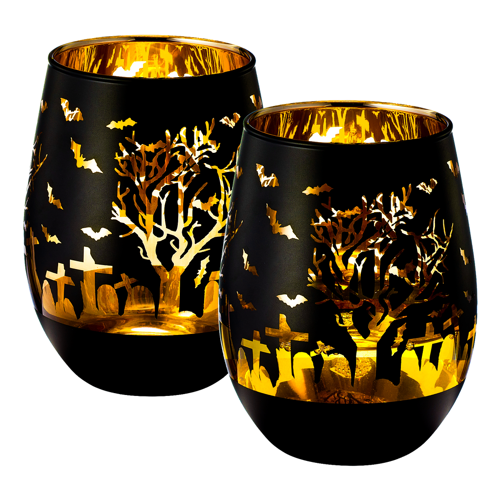 Set of two frosted black stemless wine glasses with gold interiors and spooky graveyard silhouettes