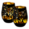 Set of two frosted black stemless wine glasses with gold interiors and spooky graveyard silhouettes