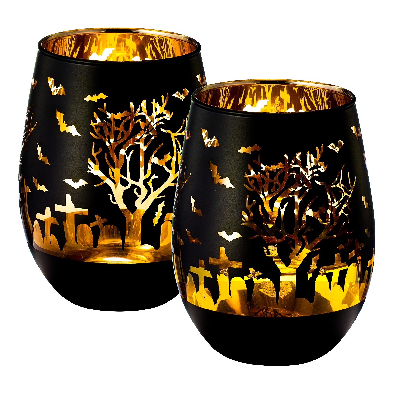 Set of two frosted black stemless wine glasses with gold interiors and spooky graveyard silhouettes