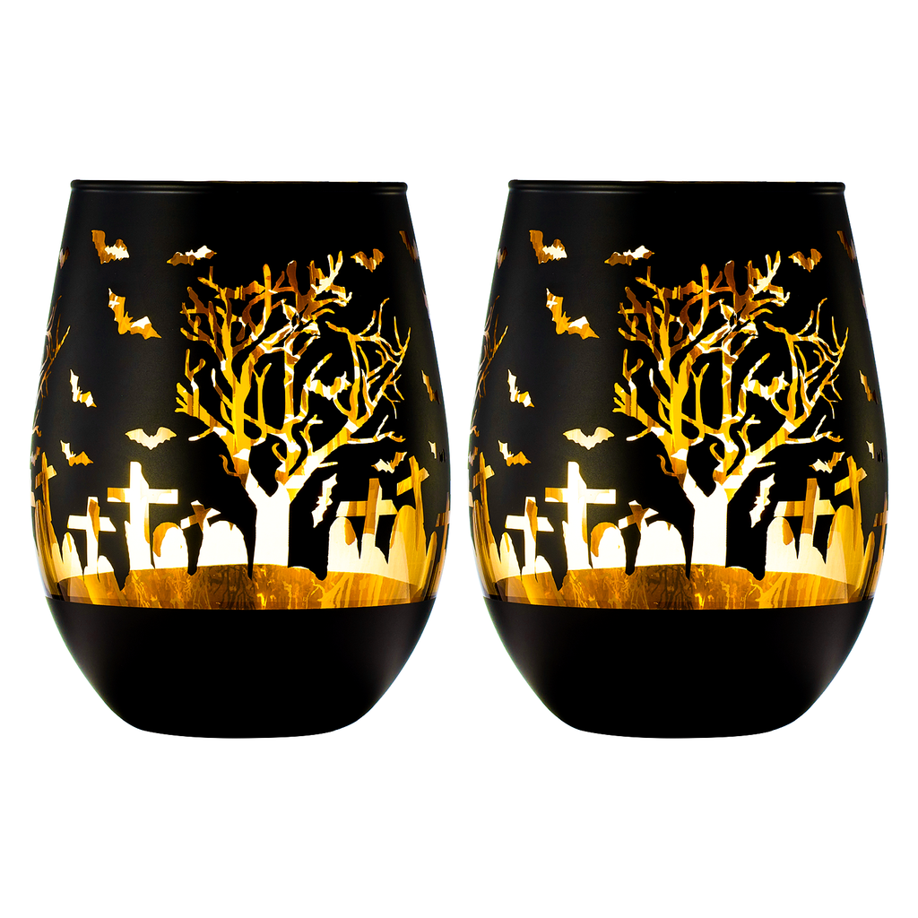 Set of two frosted black stemless wine glasses with gold interiors and spooky graveyard silhouettes — view 4