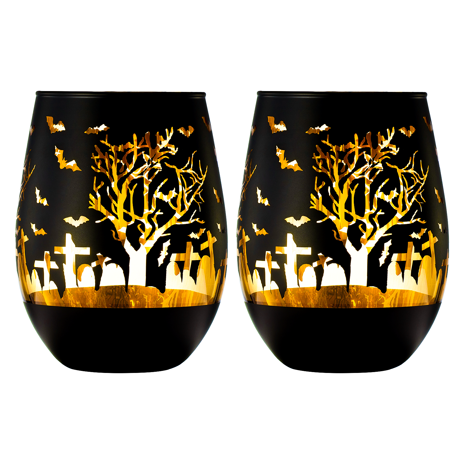 Set of two frosted black stemless wine glasses with gold interiors and spooky graveyard silhouettes — view 4