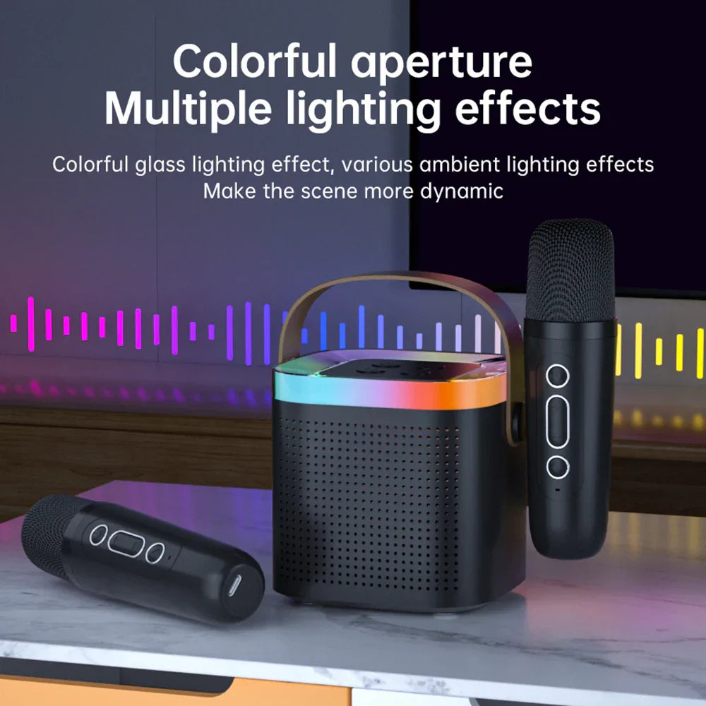Portable Bluetooth karaoke machine with two wireless microphones, metal cabinet speaker in compact travel design. — view 4