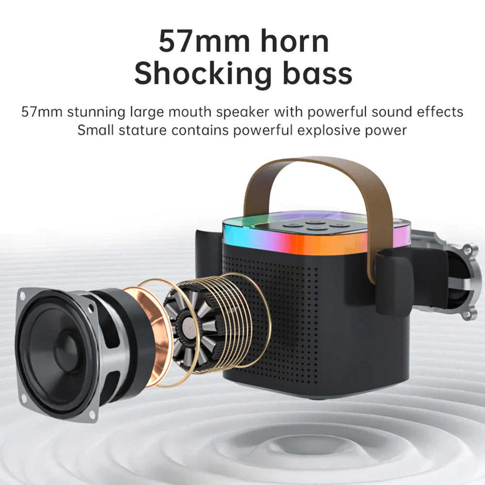 Portable Bluetooth karaoke machine with two wireless microphones, metal cabinet speaker in compact travel design. — view 3