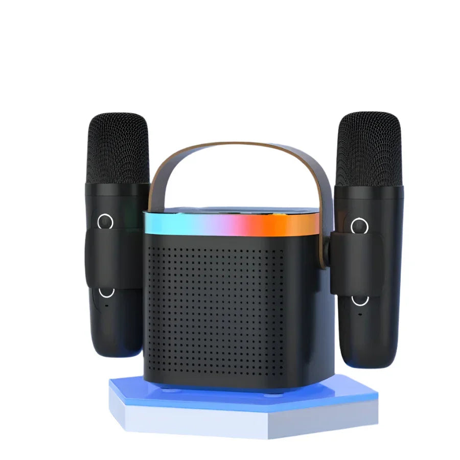 Portable Bluetooth karaoke machine with two wireless microphones, metal cabinet speaker in compact travel design.