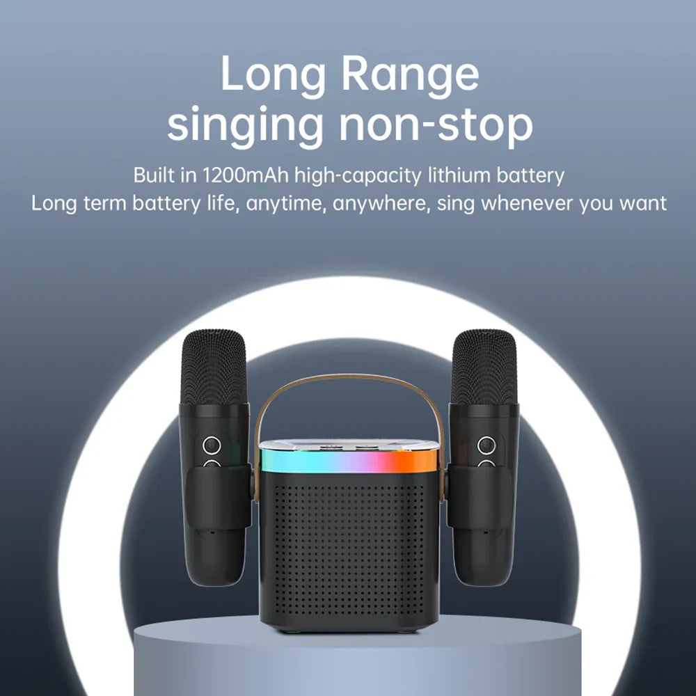 Portable Bluetooth karaoke machine with two wireless microphones, metal cabinet speaker in compact travel design. — view 5