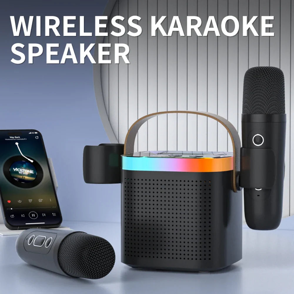 Portable Bluetooth karaoke machine with two wireless microphones, metal cabinet speaker in compact travel design. — view 2