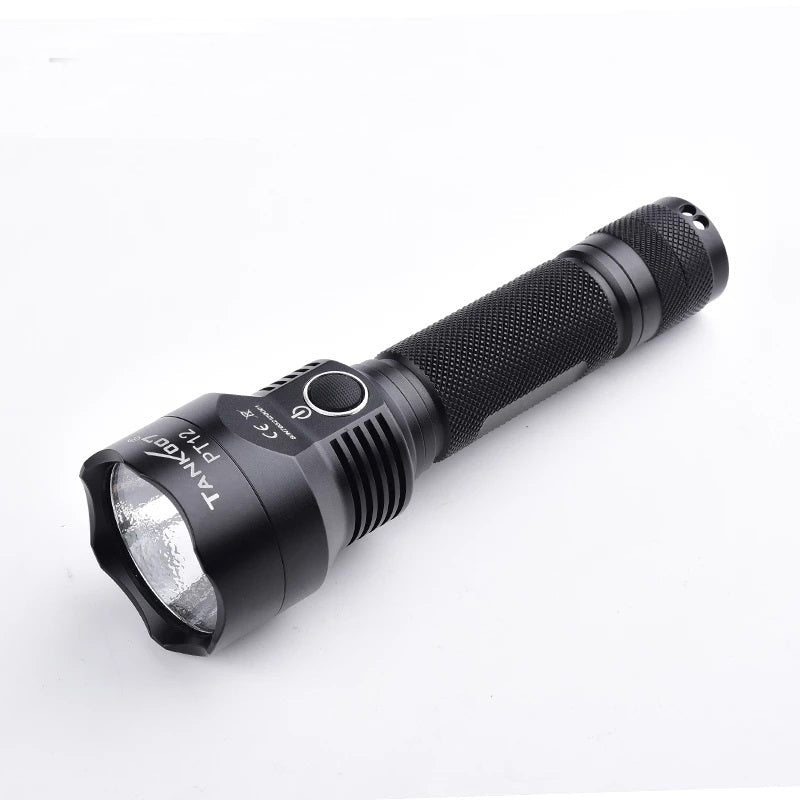 TANK007 PT12 tactical flashlight in black aircraft-grade aluminum showing crenulated bezel and knurled body — view 2