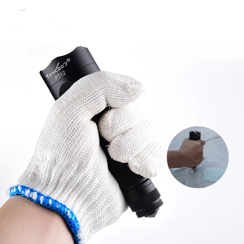 TANK007 PT12 tactical flashlight in black aircraft-grade aluminum showing crenulated bezel and knurled body — view 3