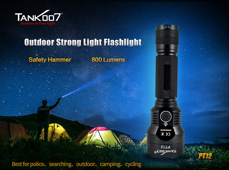 TANK007 PT12 tactical flashlight in black aircraft-grade aluminum showing crenulated bezel and knurled body — view 4