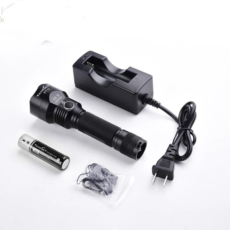 TANK007 PT12 tactical flashlight in black aircraft-grade aluminum showing crenulated bezel and knurled body