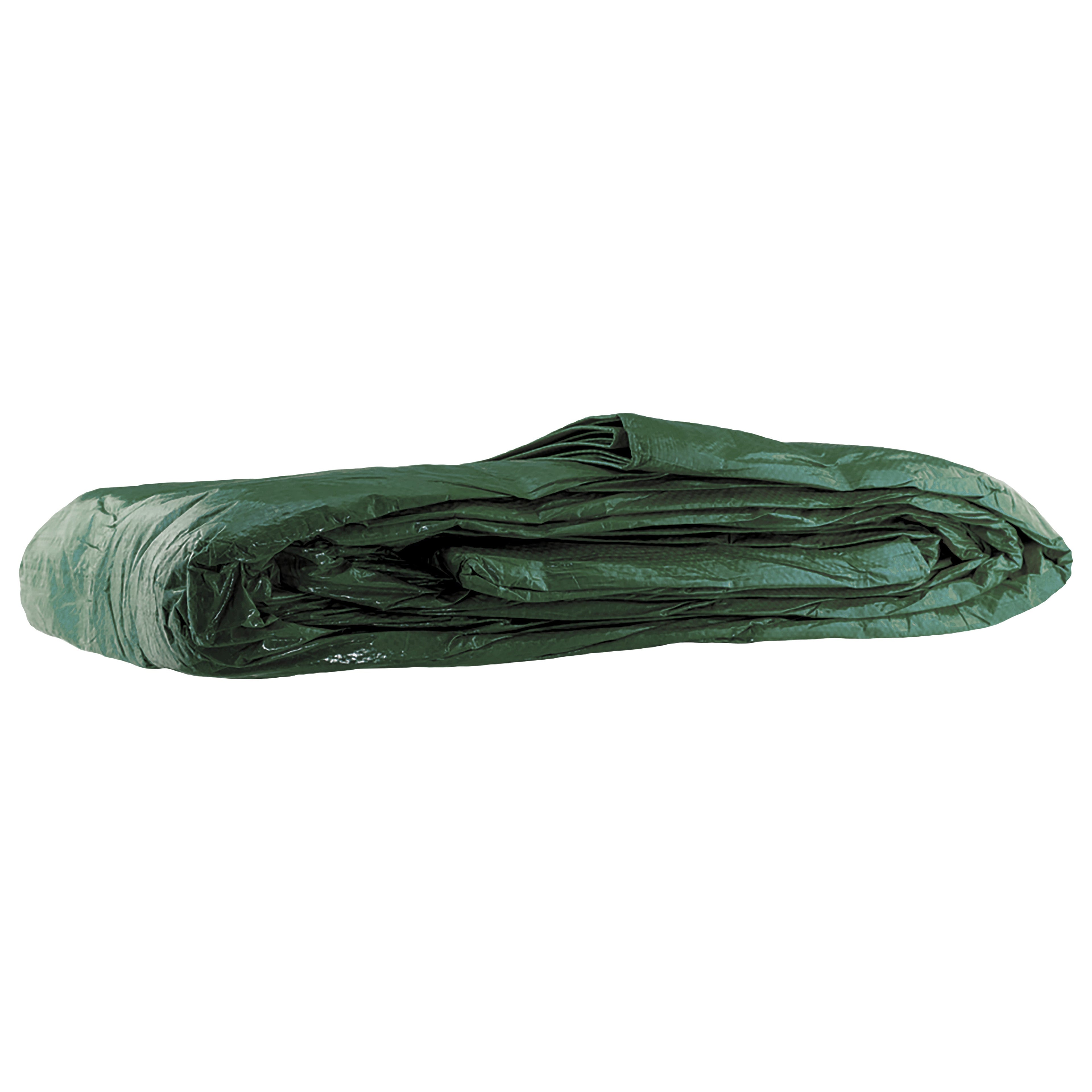 Green waterproof tarpaulin with aluminium eyelets alongside twenty white elastic bungee ball securing ties — view 3