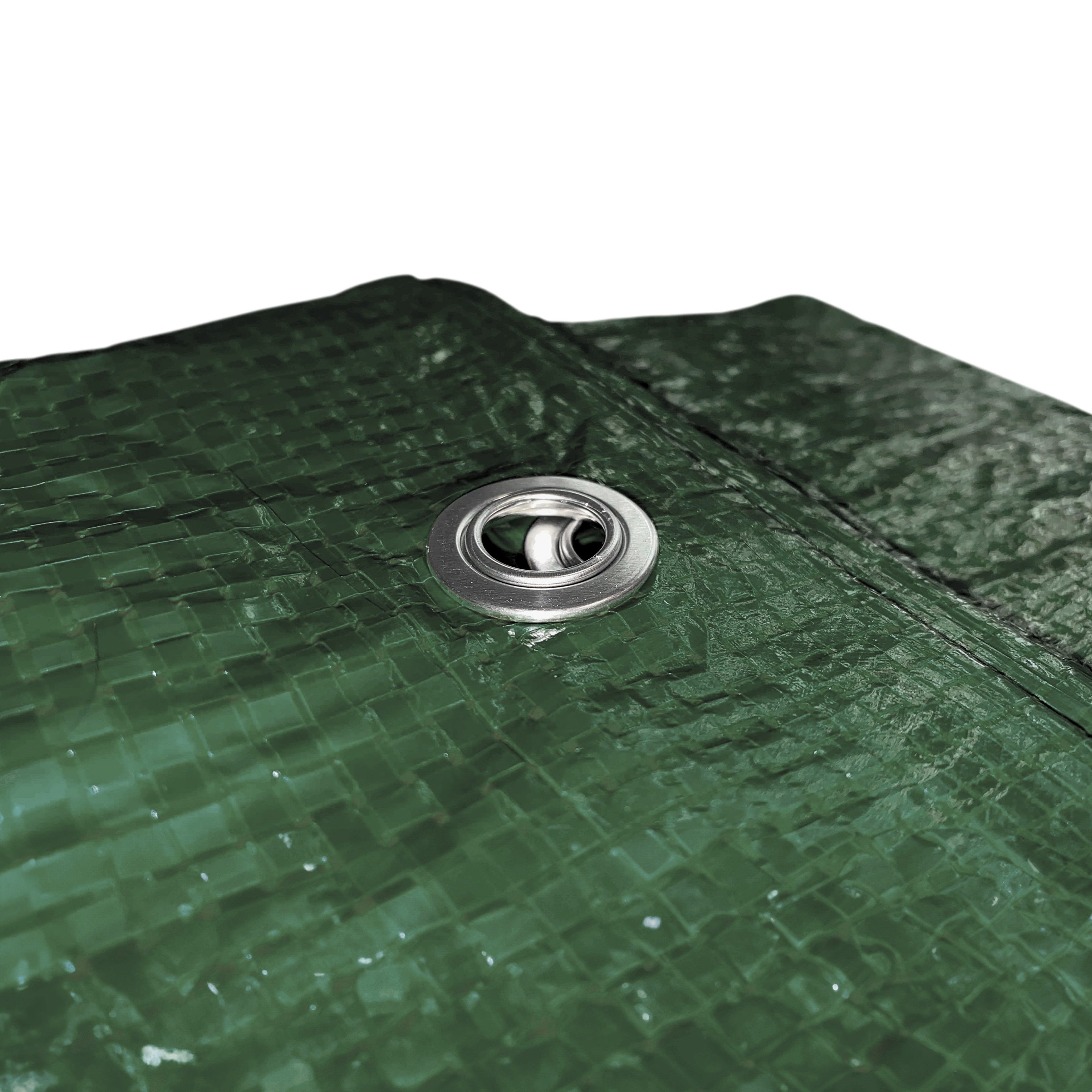 Green waterproof tarpaulin with aluminium eyelets alongside twenty white elastic bungee ball securing ties — view 4