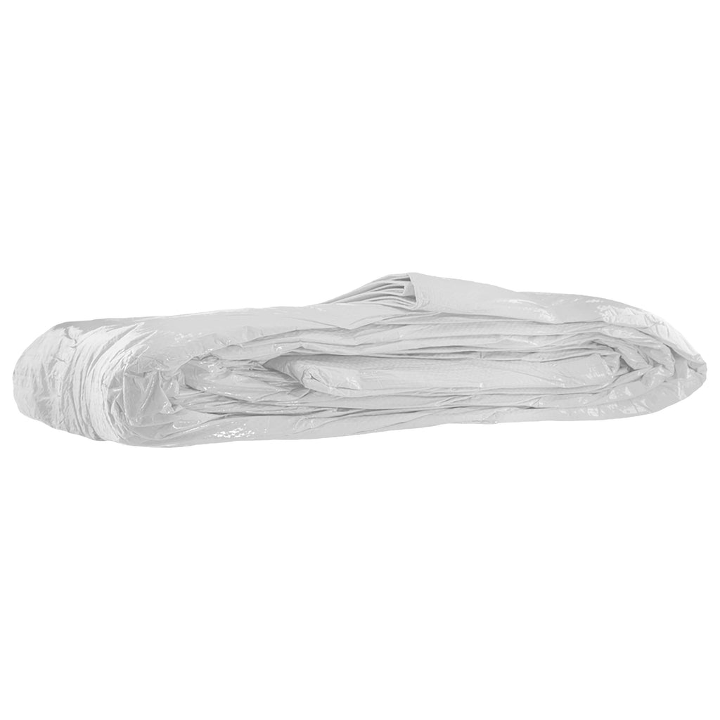 White waterproof polyethylene tarpaulin with silver eyelets and twenty bungee ball tie down fixing cords — view 3