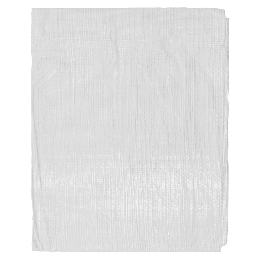 White waterproof polyethylene tarpaulin with silver eyelets and twenty bungee ball tie down fixing cords — view 5