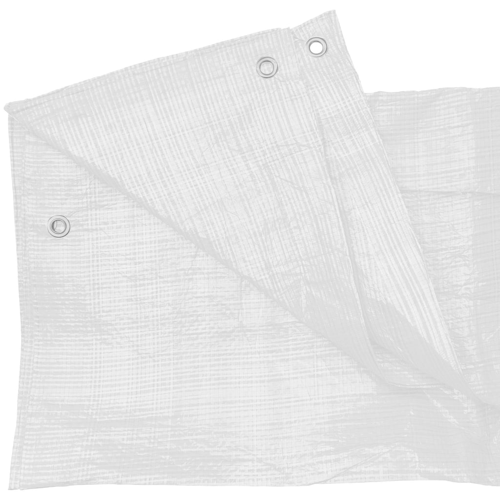 White 90gsm waterproof tarpaulin cover with black bungee balls for outdoor garden and camping protection — view 2