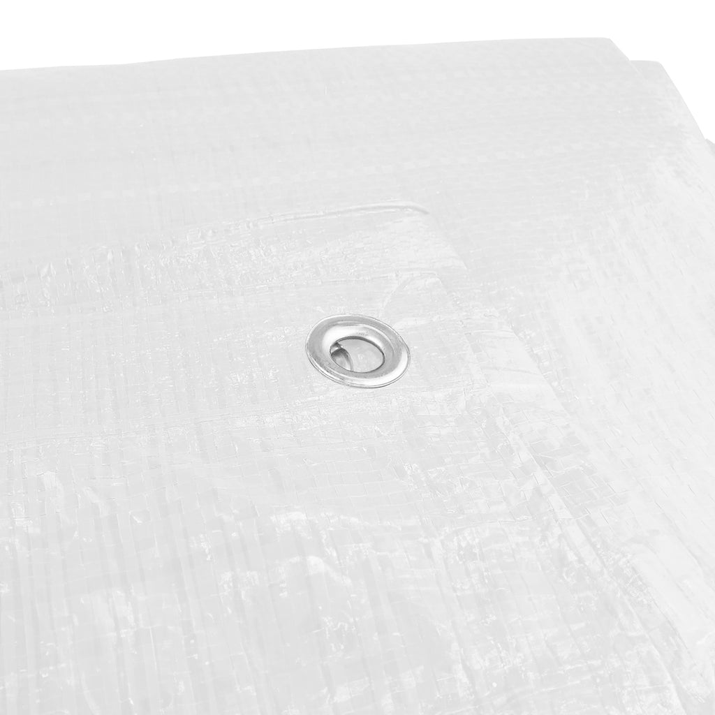 White waterproof polyethylene tarpaulin with silver eyelets and twenty bungee ball tie down fixing cords — view 4