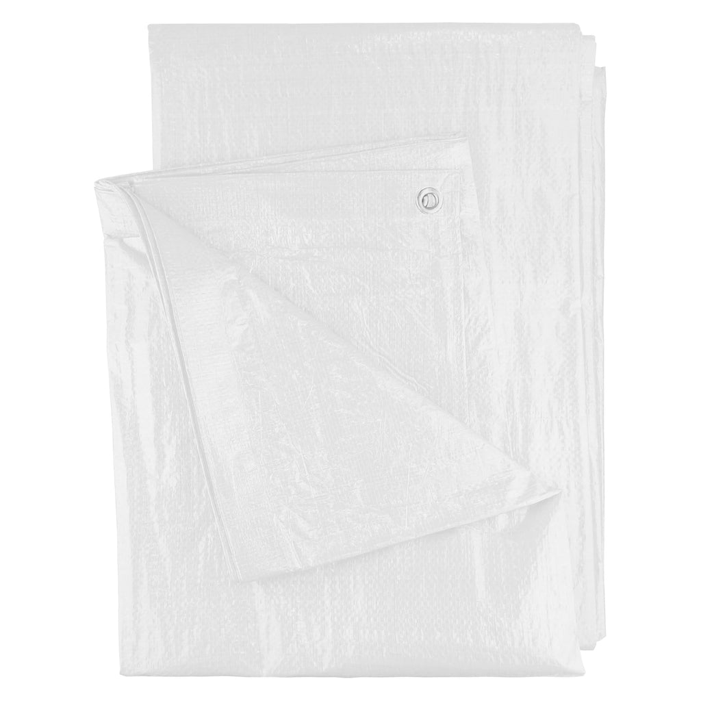White 90gsm waterproof tarpaulin cover with black bungee balls for outdoor garden and camping protection — view 3