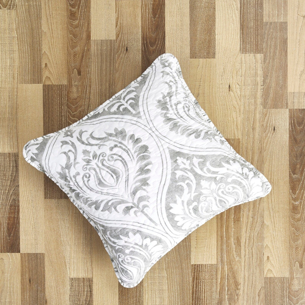 Light grey paisley damask cushion cover or euro sham with floral matelasse texture — view 3