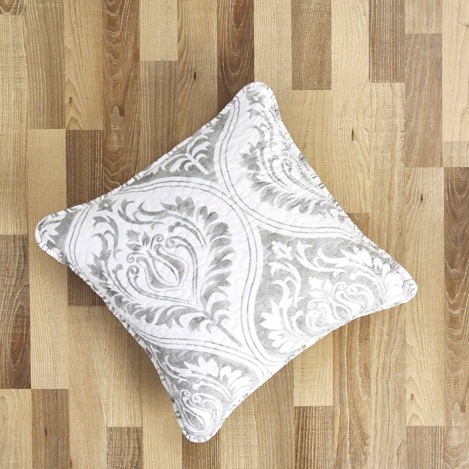 Light grey paisley damask cushion cover or euro sham with floral matelasse texture — view 3