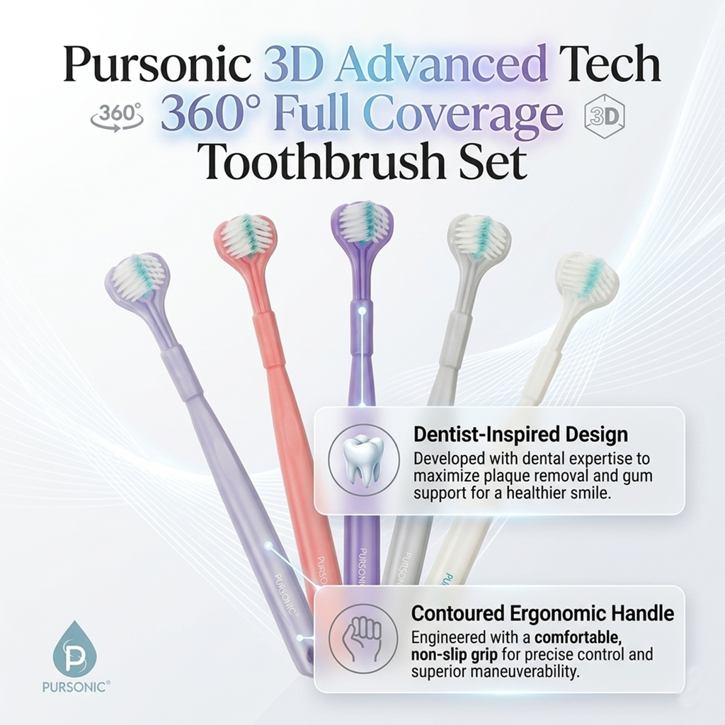 Four-pack of Pursonic 3D advanced tech toothbrushes in assorted colors with 3-sided heads — view 4
