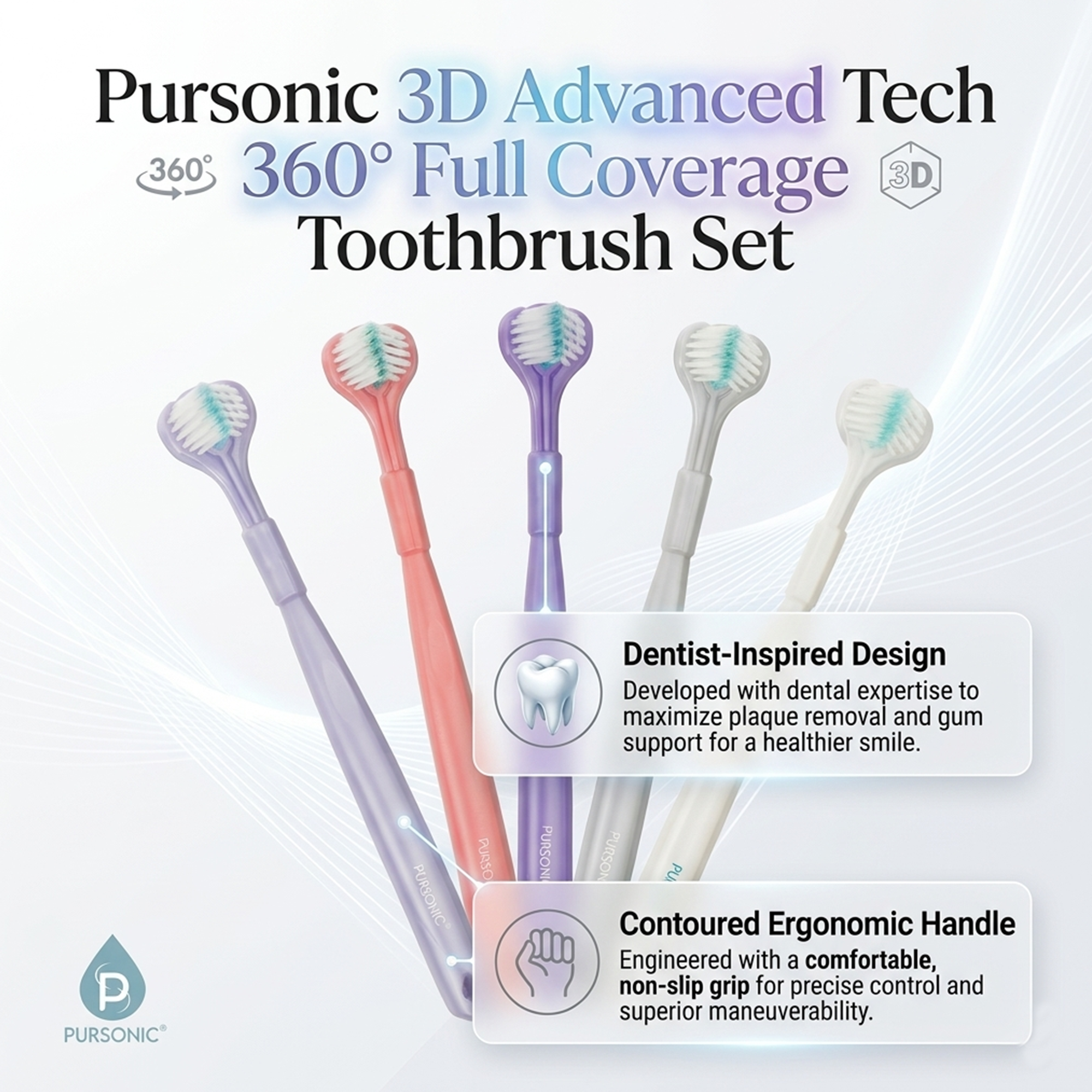 Four-pack of Pursonic 3D advanced tech toothbrushes in assorted colors with 3-sided heads — view 4