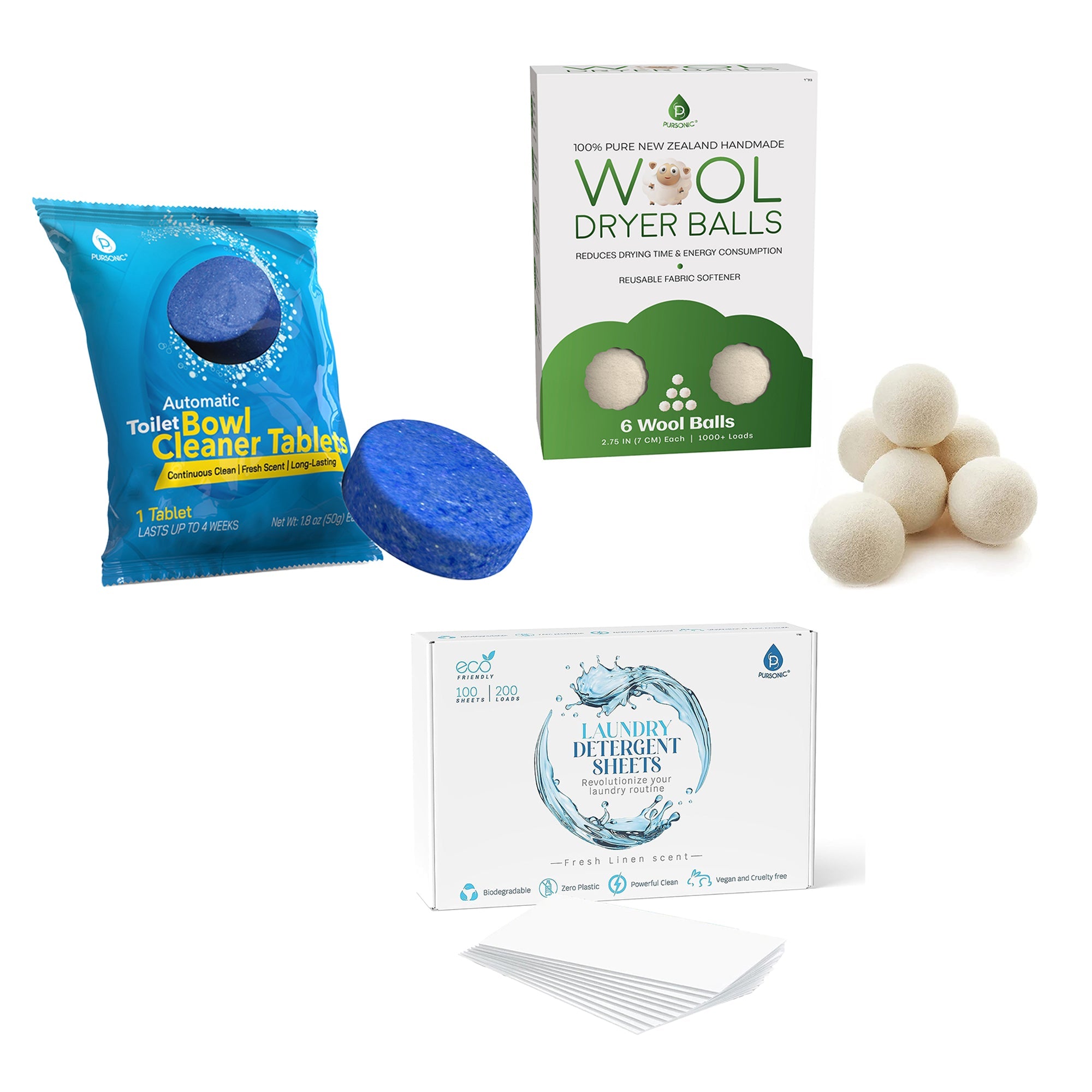Eco home essentials bundle with toilet cleaner tablets wool dryer balls and laundry detergent sheets
