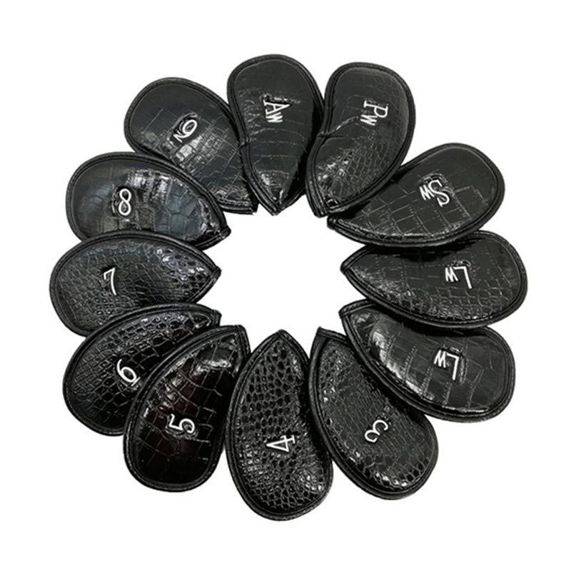 Black PU leather twelve piece golf club cover set with a textured litchi finish