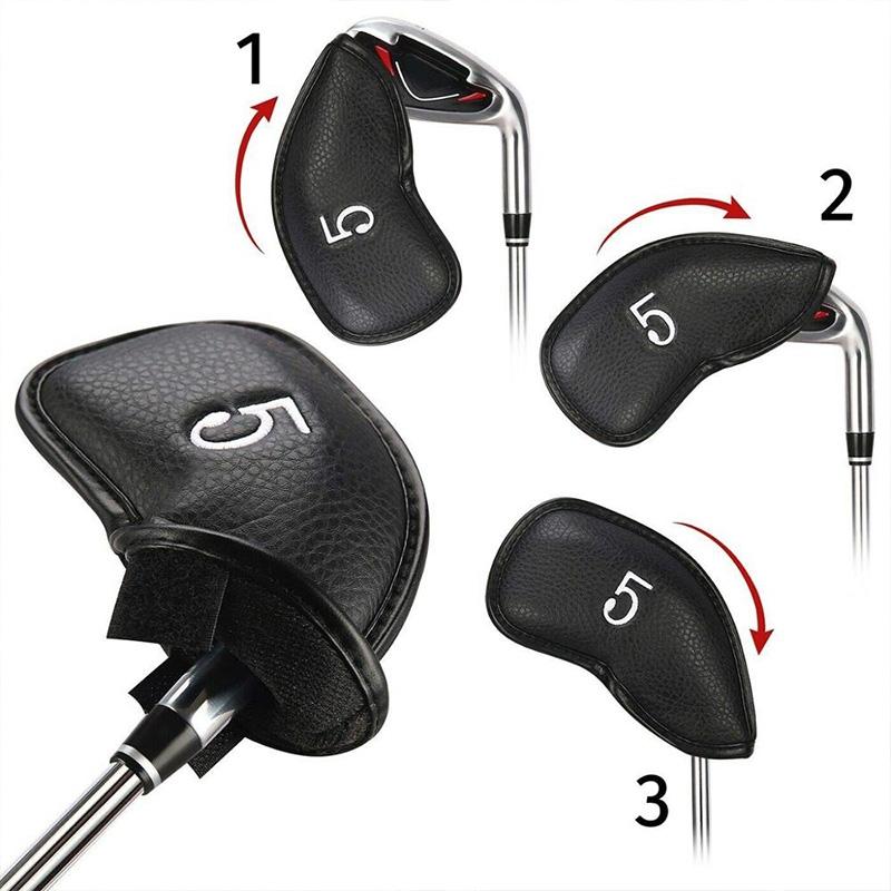Black PU leather twelve piece golf club cover set with a textured litchi finish — view 3