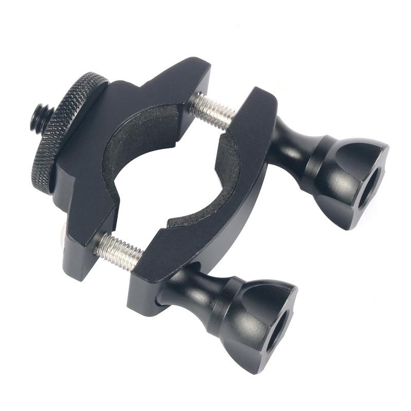 Aluminum sport camera bike holder bracket attached to bicycle handlebars with adjustable rotation mechanism