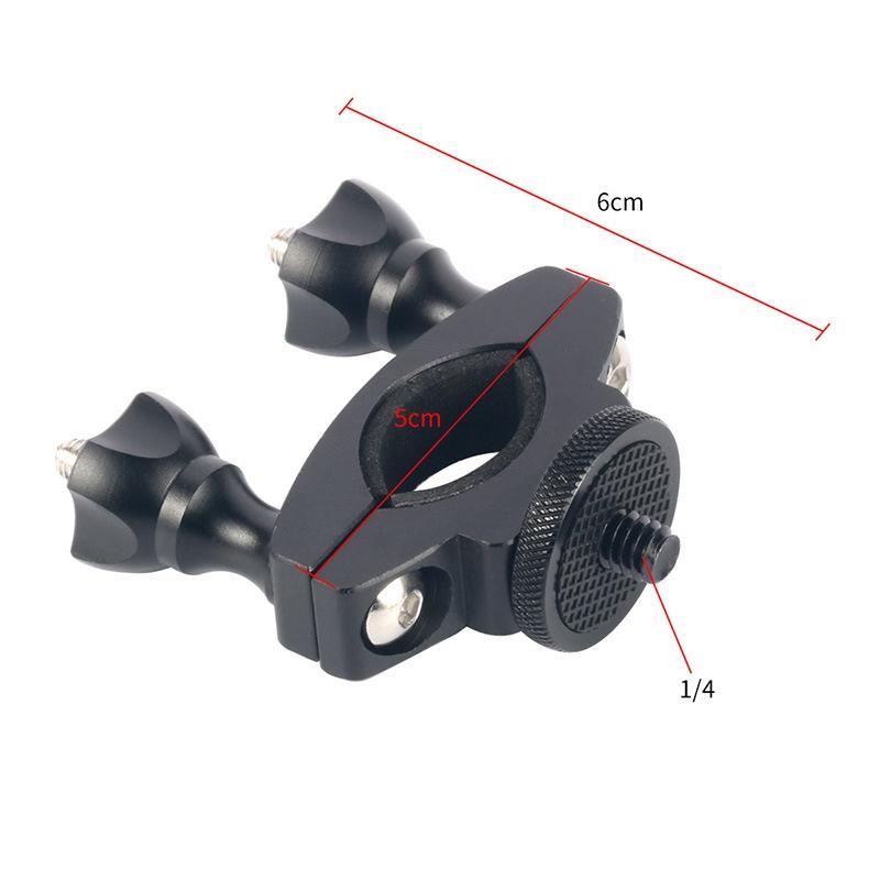 Aluminum sport camera bike holder bracket attached to bicycle handlebars with adjustable rotation mechanism — view 2