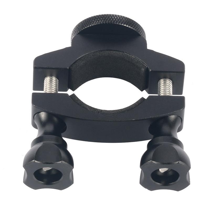 Aluminum sport camera bike holder bracket attached to bicycle handlebars with adjustable rotation mechanism — view 3