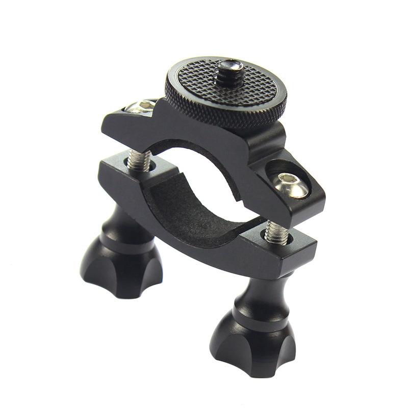 Aluminum sport camera bike holder bracket attached to bicycle handlebars with adjustable rotation mechanism — view 4