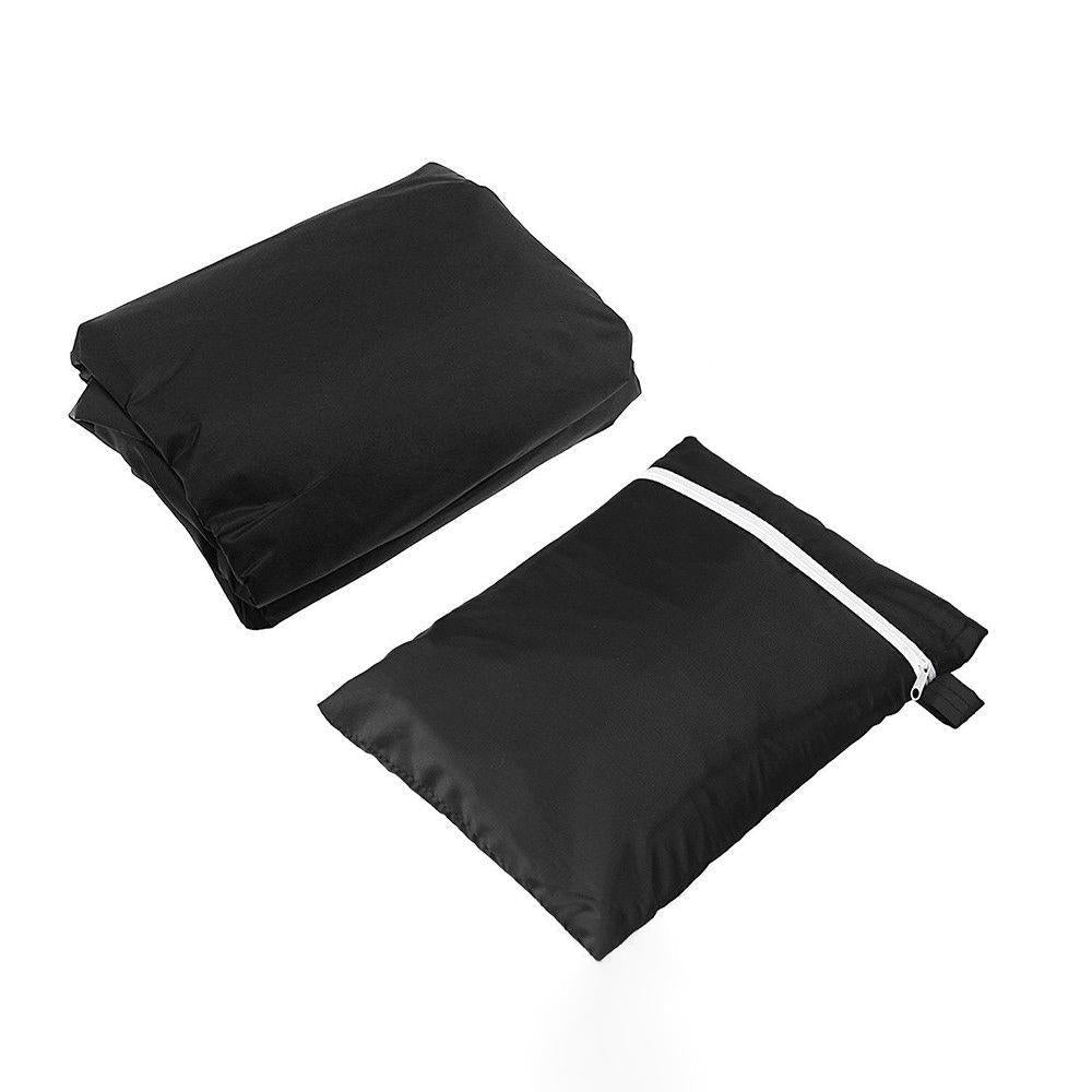 Black and silver waterproof outdoor bench cover over a three seater patio bench — view 5